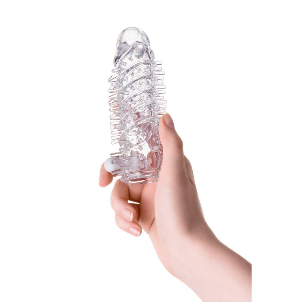 Прозрачная насадка на пенис с вибрацией и рельефом (10+2 см) — изображение 3