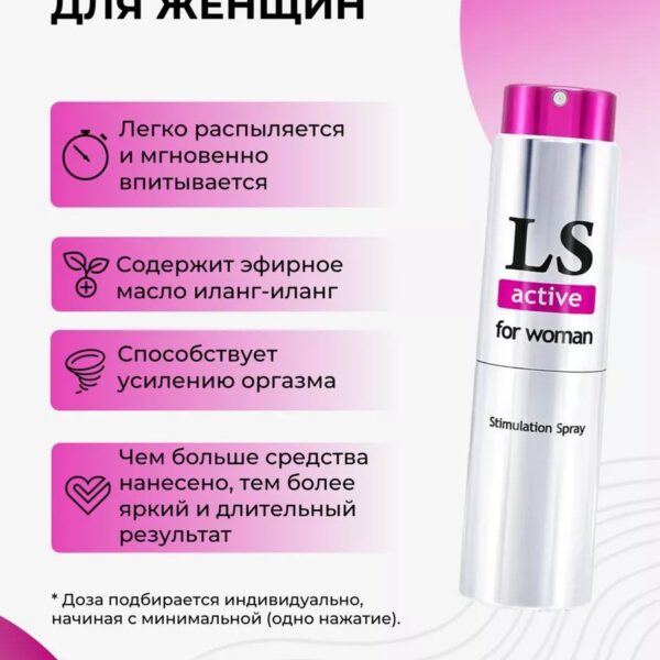 Возбуждающий спрей LS Active for Woman, стимулятор женского возбуждения и оргазма в флаконе 18 мл, серебристая упаковка.